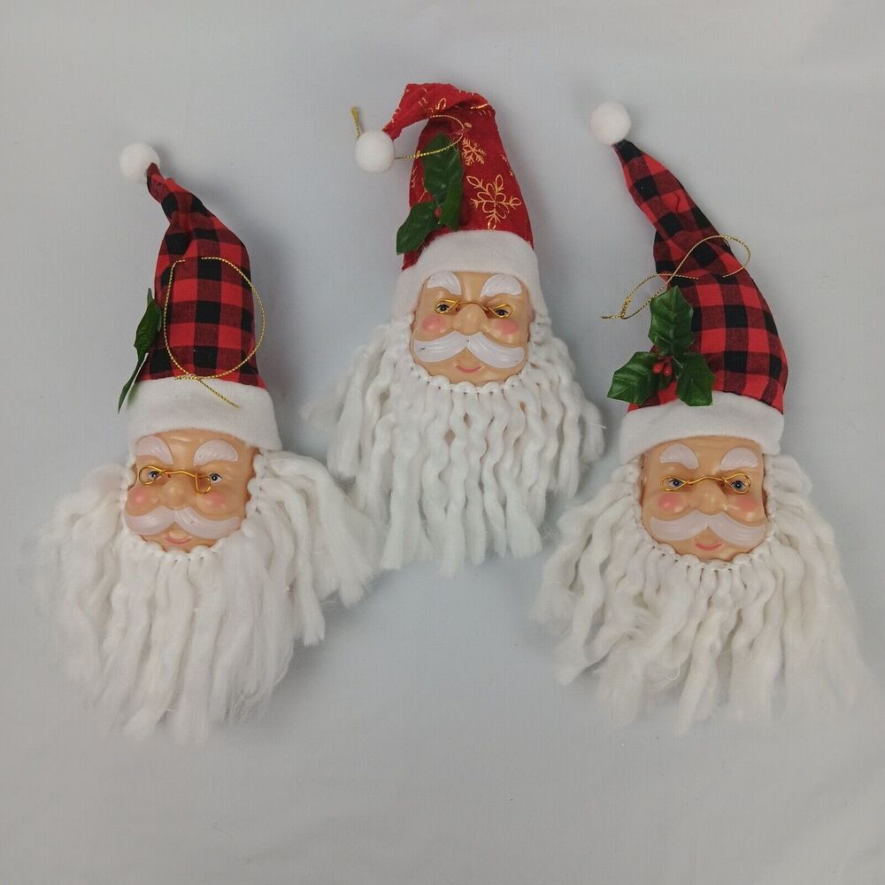 3 Christmas Santa Claus Face Head Ornament Tree Decorations Yarn Plastic Festive